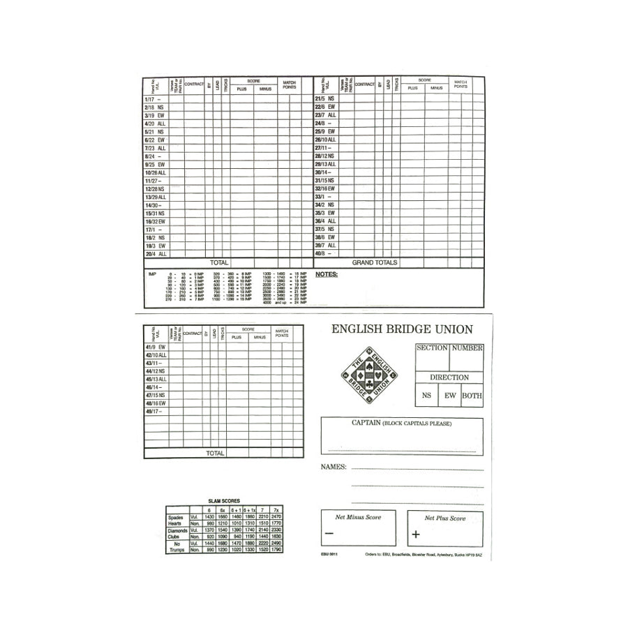 Personal Scorecards - 49 Boards - EBU0011