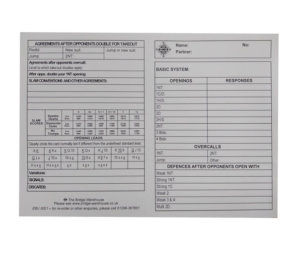 Personal Score Cards 36 Boards + Conventions EBU0021